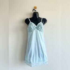 Vintage 1970's  Baby Blue Lace Slip Dress Lingerie Size S  Made in USA